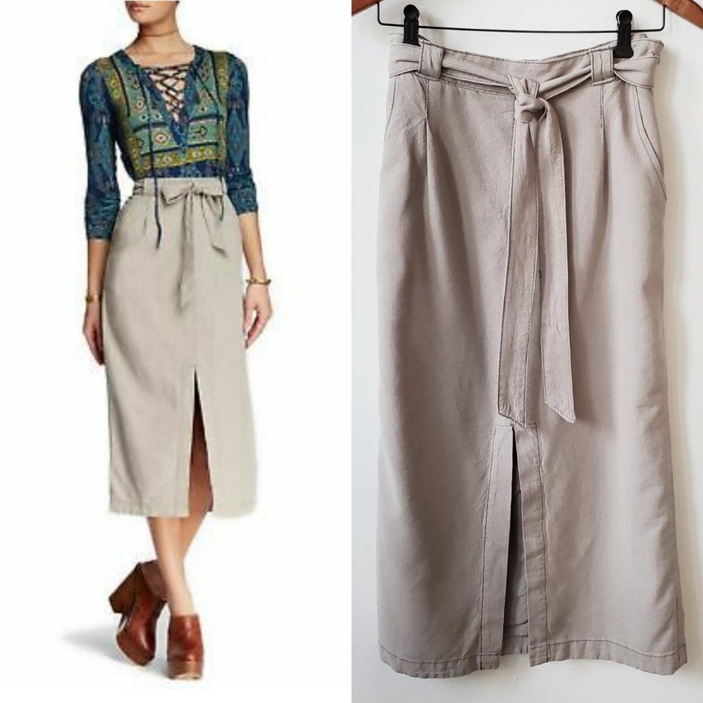 Free People High Waist Midi Skirt with Tie Belt, Taupe, 6
